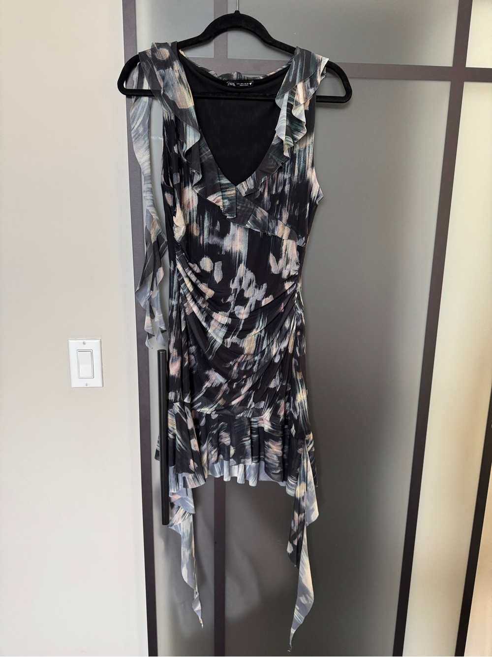 Zara Ruched Ruffle Mesh Mini Dress M